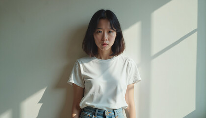 Young Asian woman looking serious while standing by a sunlit wall  