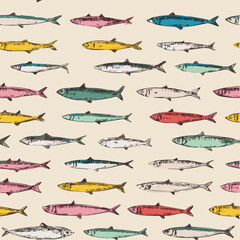 Fototapeta premium Seamless pattern of sardines with Mediterranean Italian style