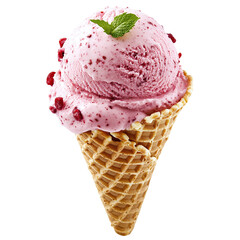 Ice cream scoop on waffle cone on transparent background cutout, png file.