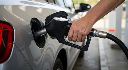Close-up of a hand refueling a car at a gas station, focus on the fuel nozzle and hand, blurred background, natural daylight, modern vehicle, concept of transportation and energy