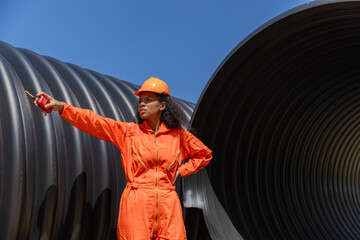 Industry Engineers Walking Inside Circular water Pipe. Engineering or Worker inspection pipe...