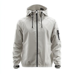 Light beige, windbreaker jacket with hood and zipper closure. Features zipper pockets