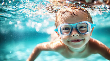 Fototapeta premium A young boy wearing goggles, swimming in a pool with clear blue water. The child is smiling and appears to be enjoying the water.