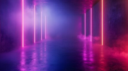 Illuminated Concrete Hallway with Glowing Vertical Lights and Fog
