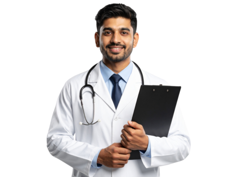 Male doctor holding clipboard, transparent PNG with shadow. - Powered by Adobe
