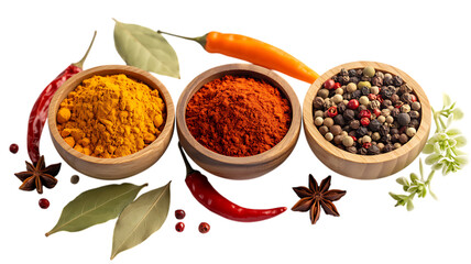 Assortment of spices in wooden bowls isolated on transparent background