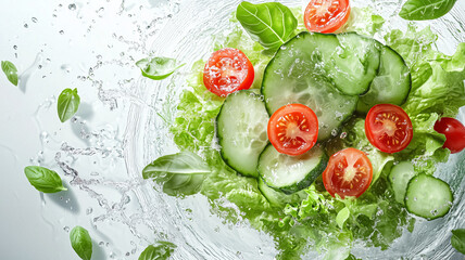 Fresh green salad with cucumbers, tomatoes, and basil in water splash