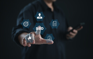 Marketer touching virtual SEO strategy icons, representing digital marketing optimization, content management, keyword planning, data analysis, and online visibility improvement.