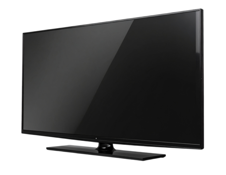 PNG of flat-screen TV with power on, isolated on transparent background.