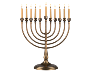PNG of Hanukkah menorah with lit candles, transparent background.