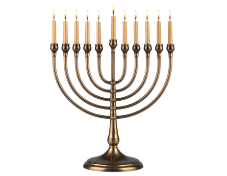 PNG of Hanukkah menorah with lit candles, transparent background.