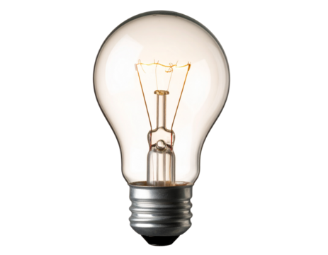 PNG of light bulb glowing with filament detail, transparent background.