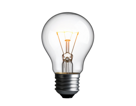 PNG of light bulb glowing with filament detail, transparent background.