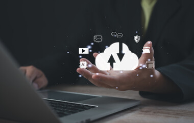 Professional using holographic cloud interface for data synchronization and digital content...