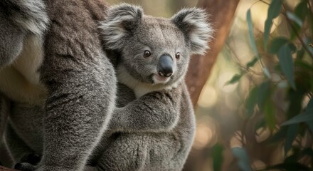 Fototapeta premium A heartwarming scene: A mother koala with its adorable baby clinging on its back