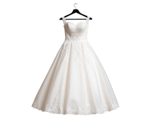 PNG of traditional wedding dress on hanger, isolated on transparent background.