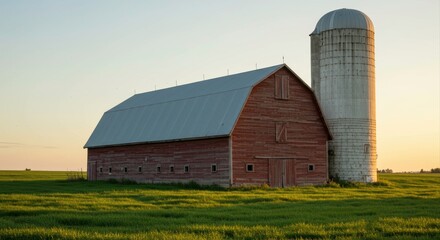 Rustic Barn and Silo Amidst Golden Fields: A Timeless Rural Landscape