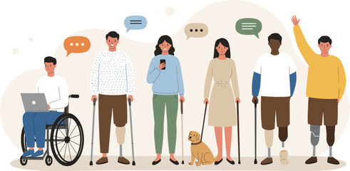 Diverse group of disabled people, inclusivity illustration, wheelchair user, prosthetic leg, guide dog, communication, disability support, community awareness, equality