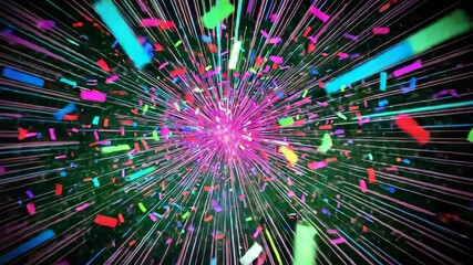 Opening pink core radiating neon beams in digital void, generating multicolored confetti shower - Powered by Adobe