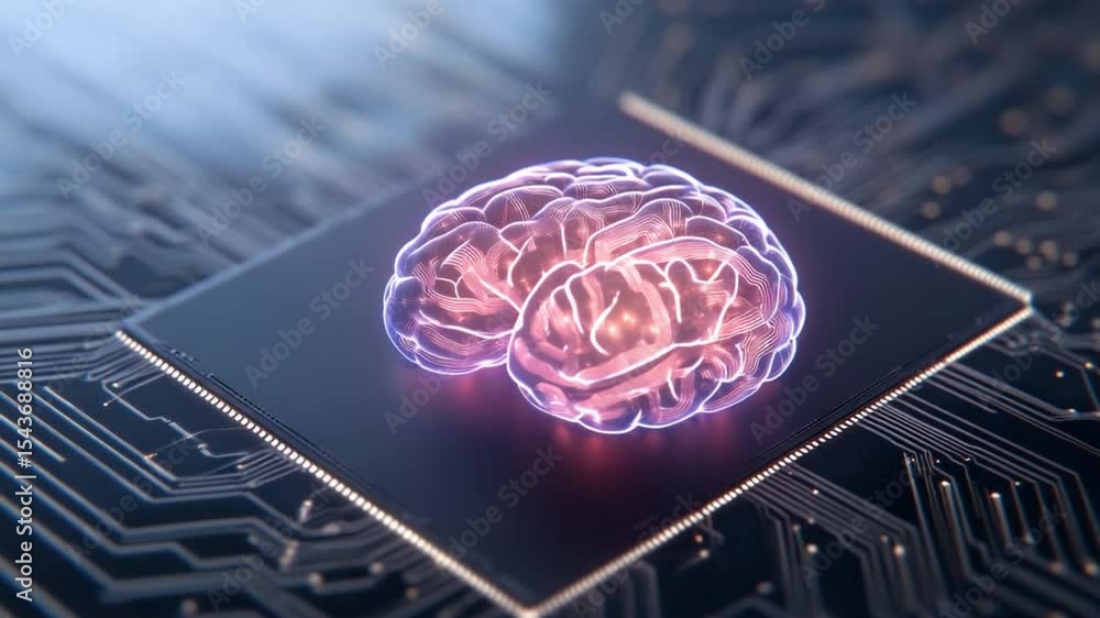 Aufkleber Digital Brain: A stylized brain, glowing with digital energy, rests upon a computer chip, the intricate circuitry around it hinting at the powerful processing within.