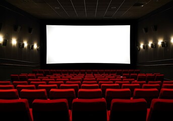 Empty movie theater with red seats and a large screen ready for a film