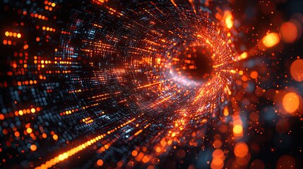 Abstract digital tunnel with glowing particles.
