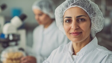 Two female scientists in lab coats and hairnets work in a laboratory, one smiling at the camera, with microscopes in the background