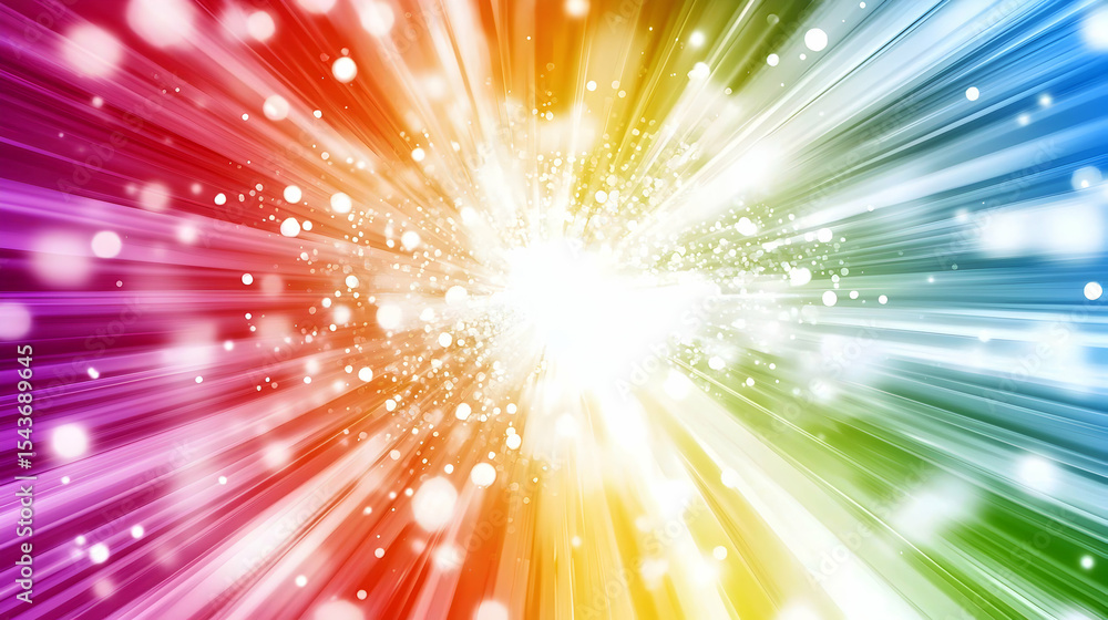Poster radiant light burst with spectrum of colors and bokeh effect