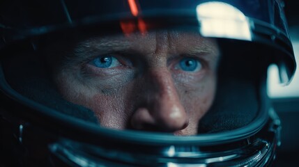 A close-up of a focused person wearing a reflective racing helmet, emphasizing intense blue eyes and determination