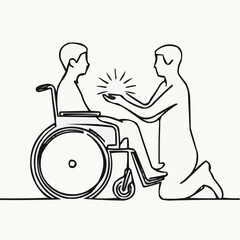 Icon of caregiver assisting person in wheelchair with support  