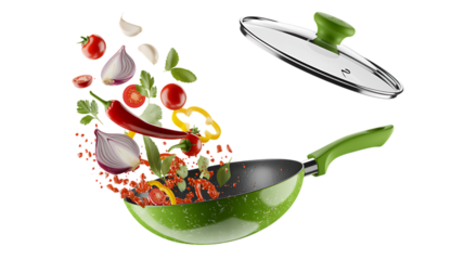 Green wok with flying vegetables and lid isolated on transparent background