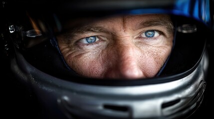 A close-up of a person's intense blue eyes, partially covered by a racing helmet, focusing on determination and concentration