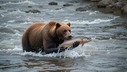 Brown bear standing in a river catching a salmon as it swims upstream, Alaska, USA