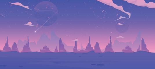 Fototapeta premium Enchanting Alien Planet Landscape with Towering Spire Mountains, Ringed Planets, and a Shooting Star Under a Violet Nebula Sky.
