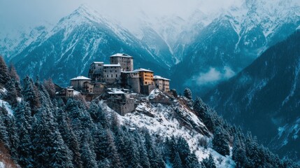 A medieval mountain village sits atop a snowy forested cliff, surrounded by dramatic, misty alpine peaks in winter