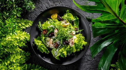 Fresh green salad with feta, olives, and cherry tomatoes served on a black plate, surrounded by lush green leaves