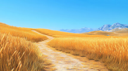 Clear blue skies above scenic path in wheat field high resolution picture