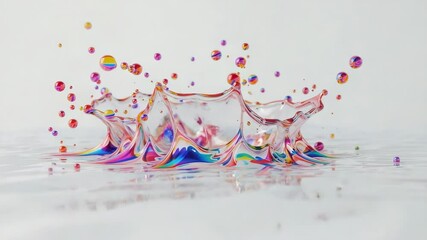 Contacting droplet sending thin liquid sheet rising on white platform, forming rainbow crown - Powered by Adobe