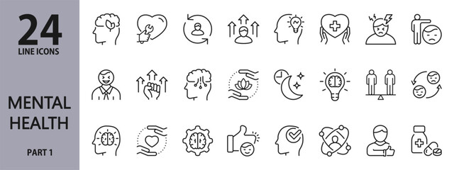 Mental Health line icons set with Wellness, Brain, Therapy, Positive, Thinking, Mood, Care and more. Editable Stroke