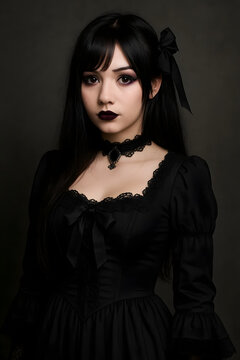 Portrait of a young woman in gothic black Victorian dress and dark makeup