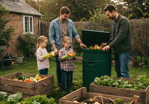 Two dads and two daughters composting in the garden, teaching kids about the environment, sustainable living with children in a backyard, family activity - Powered by Adobe