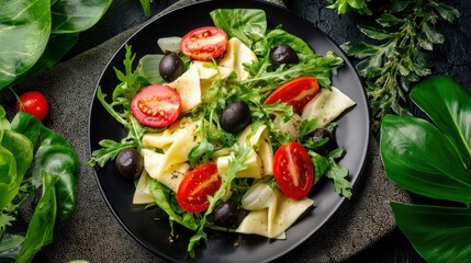 Fresh salad with arugula, cherry tomatoes, olives, cheese, and greens on a black plate, garnished with leafy plants around