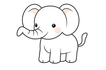 Obraz premium Cute cartoon elephant with thick black outline and flat color fill, kawaii minimalist vector illustration on white background, simple children’s coloring page