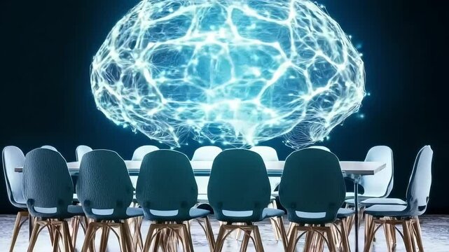 A glowing brain hovers above a boardroom table surrounded by empty chairs, suggesting intelligence and collaboration.