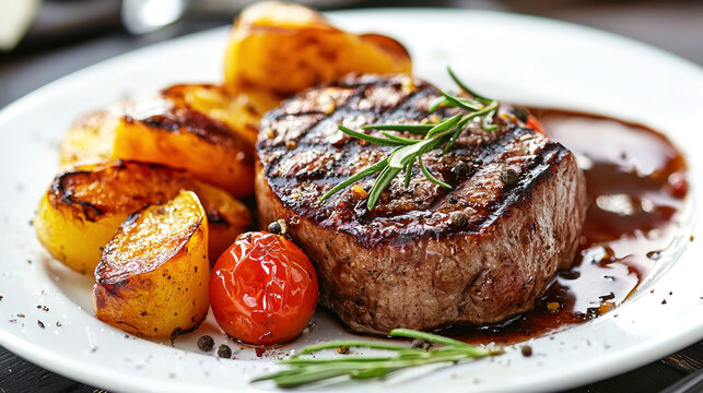 A grilled steak with potatoes and tomatoes on a white plate. The meal is served with a side of sauce and garnished with rosemary. - Powered by Adobe