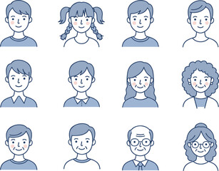 Cartoon avatar set, diverse people illustration, smiling faces, character icons, family members, young and old, male female portraits, flat style