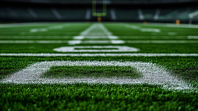 Focused shot of number zero painted on green football field grass ground level view used in sports and match environments - Powered by Adobe