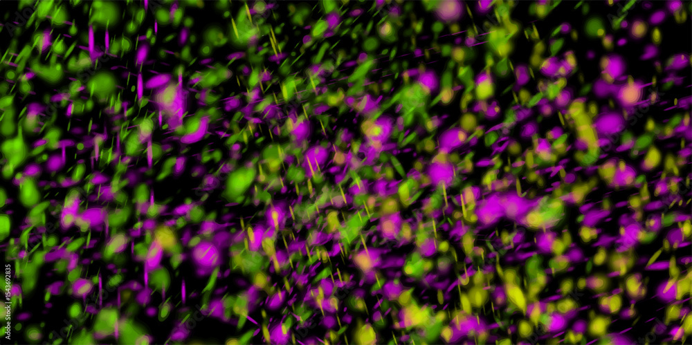 Poster abstract background with many splattered falling round glitter pieces. colored stains and blots. dar