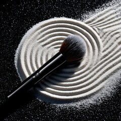 A makeup brush rests on fine white powder, creating smooth, artistic wave patterns on a dark textured background