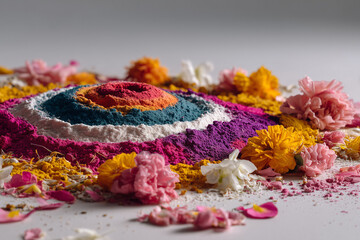 Fototapeta premium Artistic Jagannath eye made from petals and colors on floor with side area open for text. 